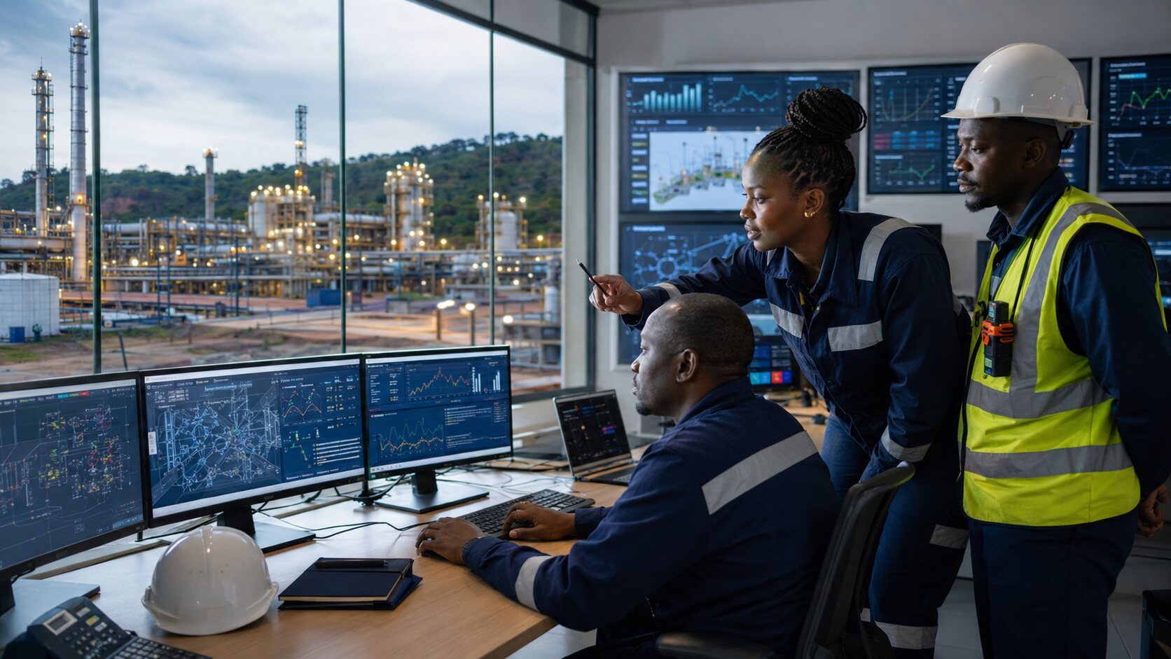 African industrial assurance team monitoring QHSE performance in a modern operations control room