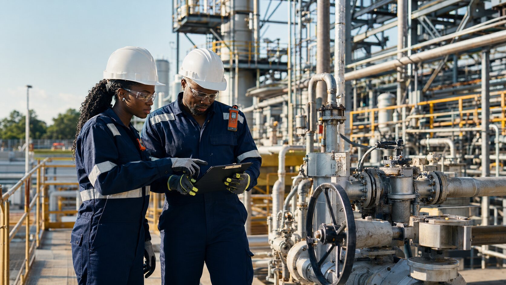 African QHSE professionals conducting a field inspection at an industrial processing facility